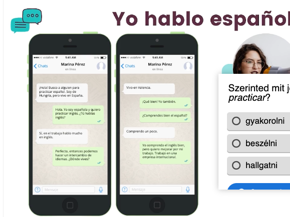 Valós WhatsApp-beszélgetés példaként a Módulo 1 leckében, alatta feleletválasztós kérdéssel a kifejezés jelentéséről, az AulaEA platformon