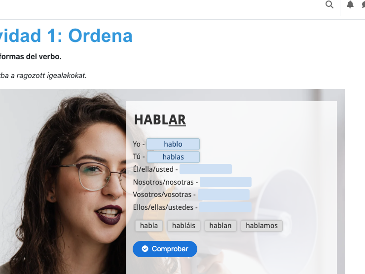 Igeragozást gyakorló, húzd-és-ejtsd interaktív feladat a Módulo 2: Quiero aprender español leckében