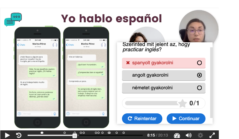 Interaktív videólecke a Módulo 2: Quiero aprender español leckében: a videó megáll, és feleletválasztós kérdést tesz fel a diáknak, azonnali javítással