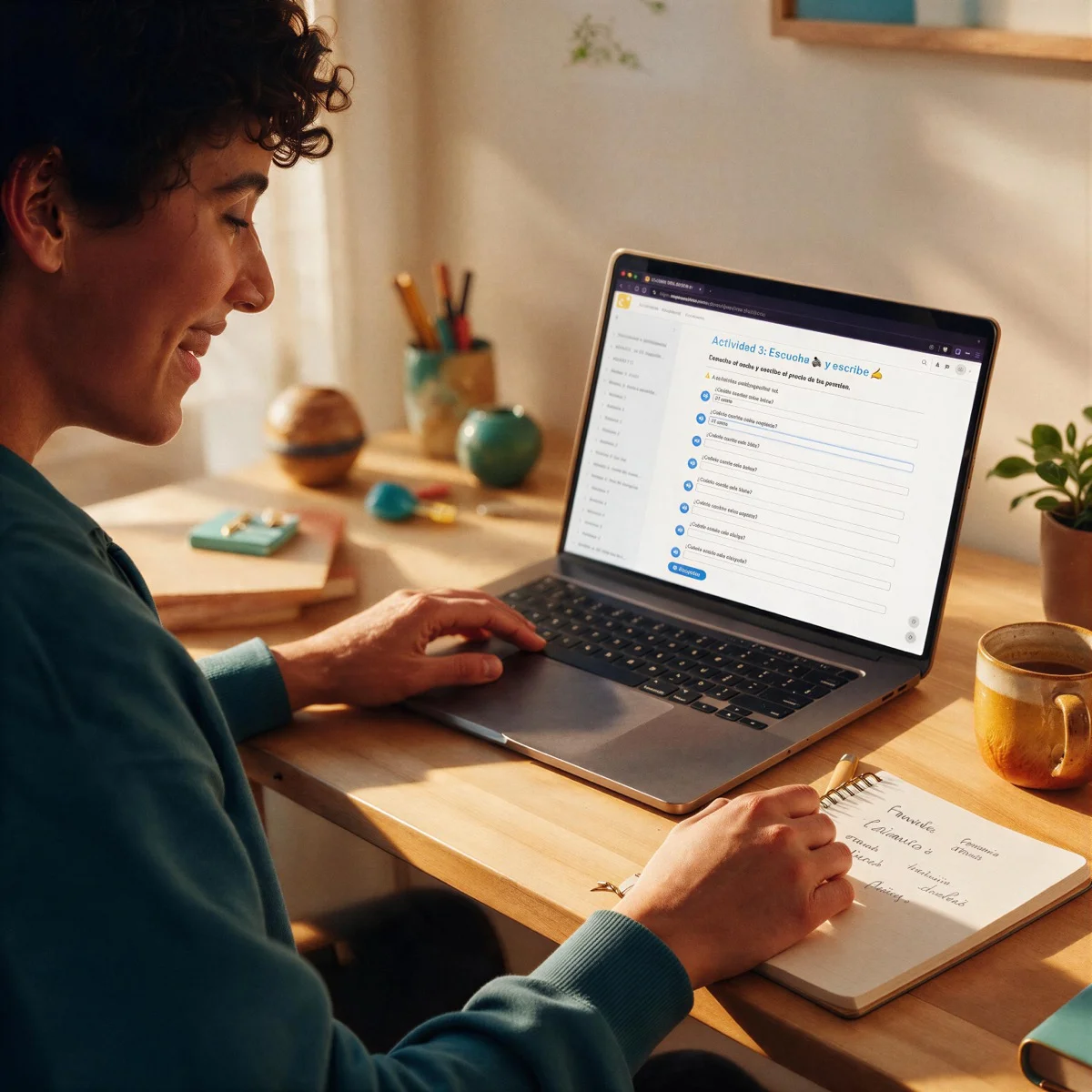 Diák otthon, laptopján az Español Activo Básico A1 interaktív tananyagával tanul spanyolul